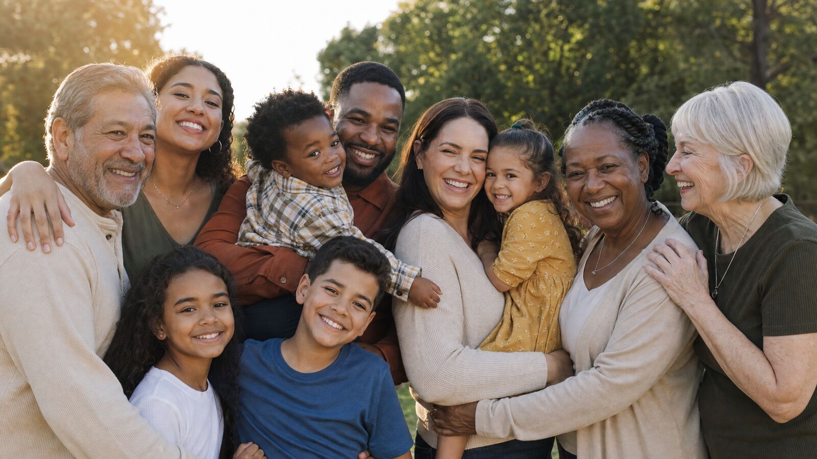 A warm, diverse multi-generational American family embracing and supporting one another